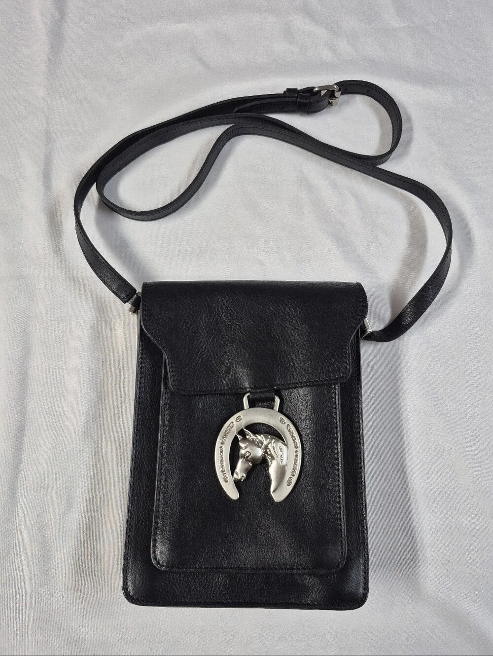 Patricia Nash Buckley Black Leather 3 Compartment North South Crossbody Purse